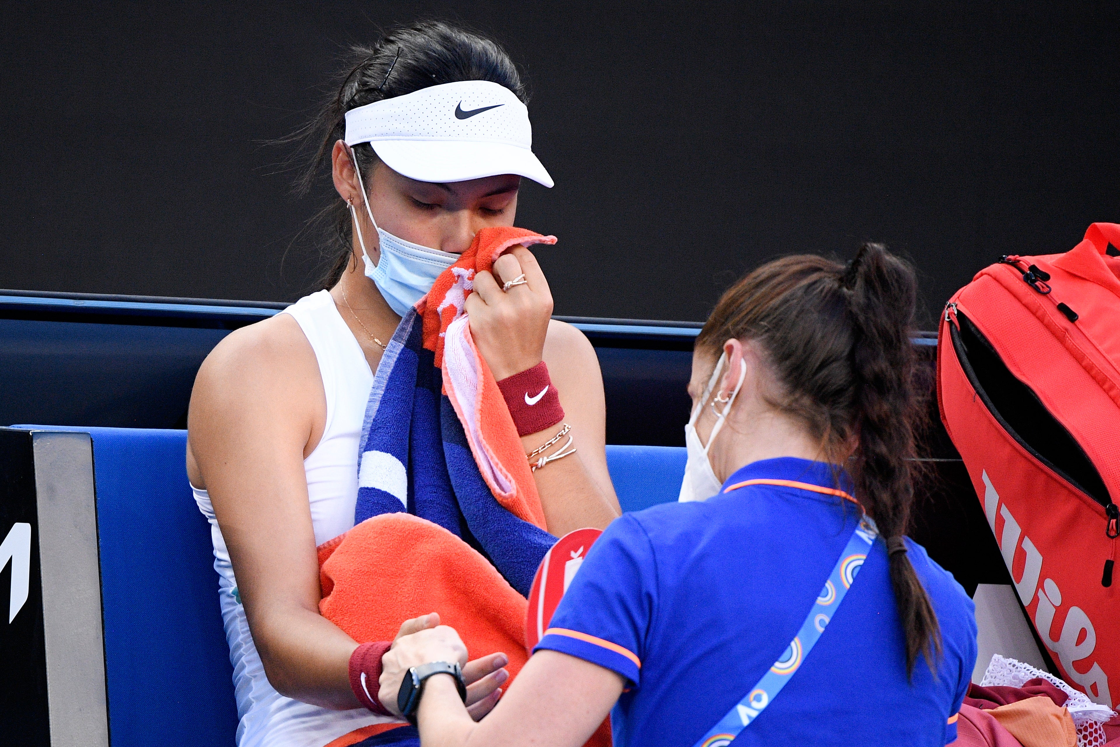 Emma Raducanu receives treatment for a blister on her right hand (Andy Brownbill/AP)
