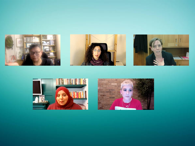 <p>Violence against women panel discussion: Farah Nazeer, Eleanor Lisney, Jess Phillips, Shaista Aziz and host Harriet Hall</p>