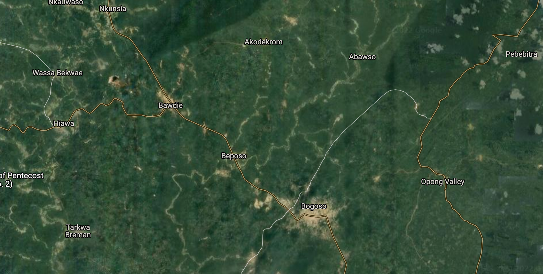 A screenshot showing an aerial view of Ghana’s western region. An explosion occurred today in Apiate, located between the towns Bogoso and Bawdie.