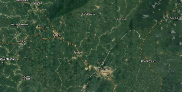 <p>A screenshot showing an aerial view of Ghana’s western region. An explosion occurred today in Apiate, located between the towns Bogoso and Bawdie.</p>