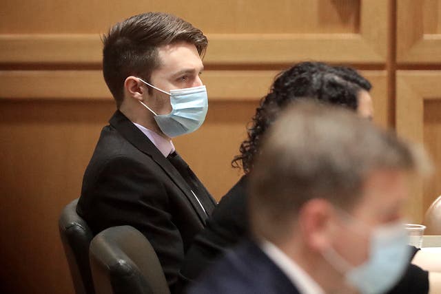<p>Chandler Halderson sits in Dane County Circuit Court in Madison, Wis. during the opening of his trial Tuesday, Jan. 4, 2022</p>