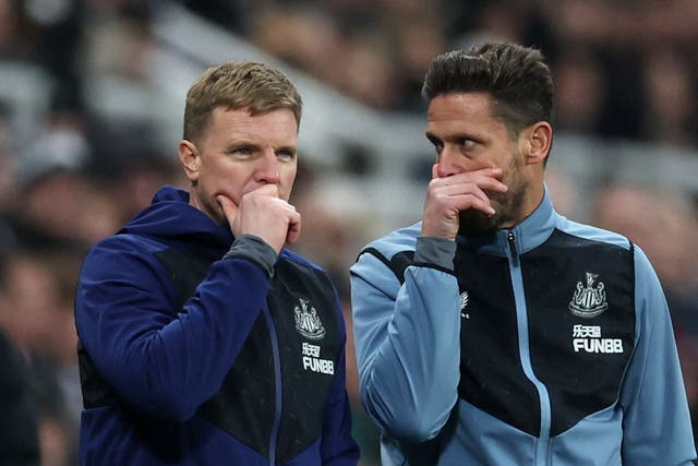 <p>Eddie Howe and assistant Jason Tindall on the touchline</p>