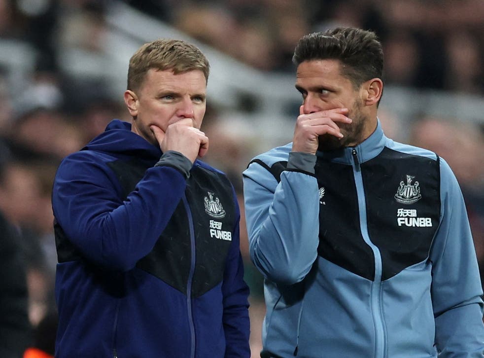 <p>Eddie Howe and assistant Jason Tindall on the touchline</p>