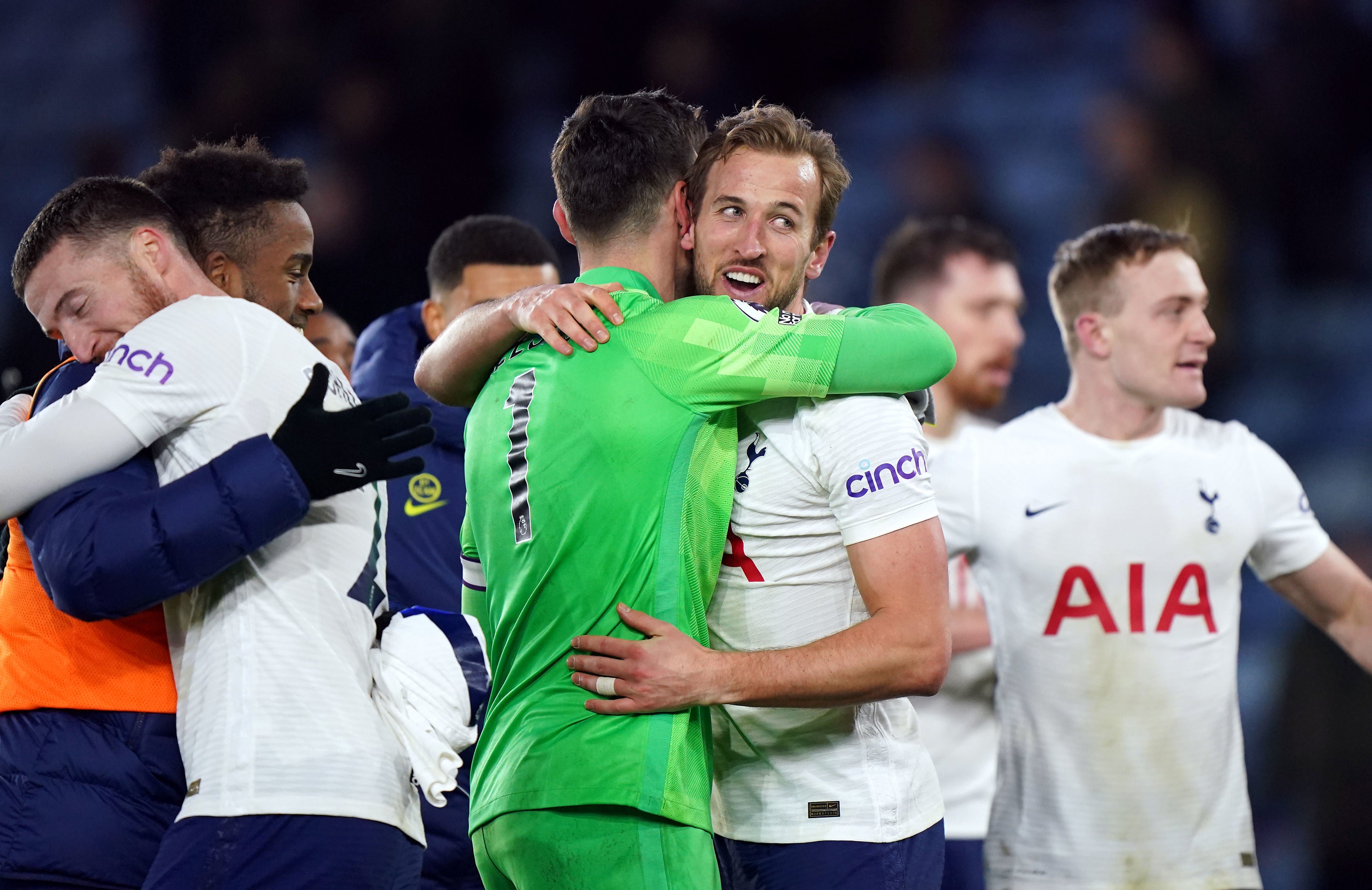 Tottenham captain Hugo Lloris hugs Harry Kane after beating Leicester