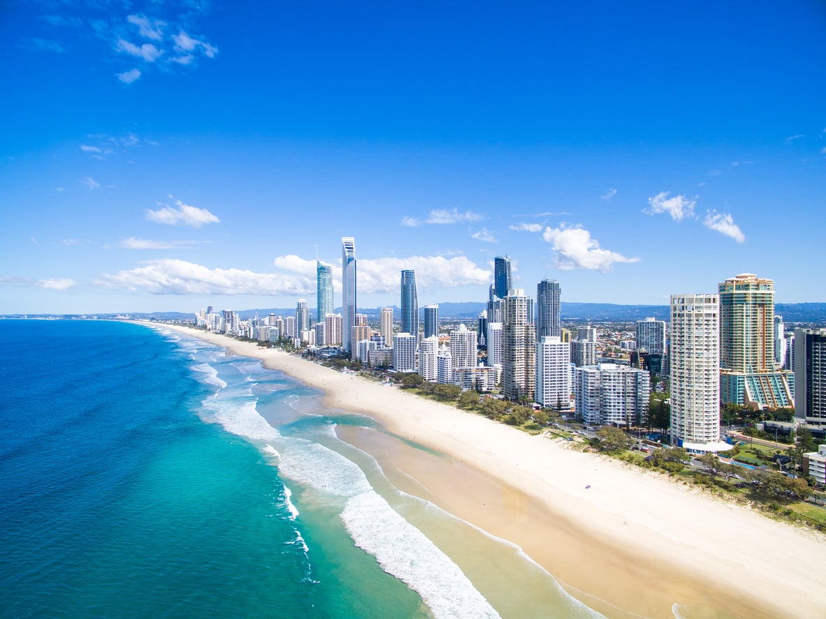 An aerial view of the Surfers Paradise skyline in Queensland, Australia