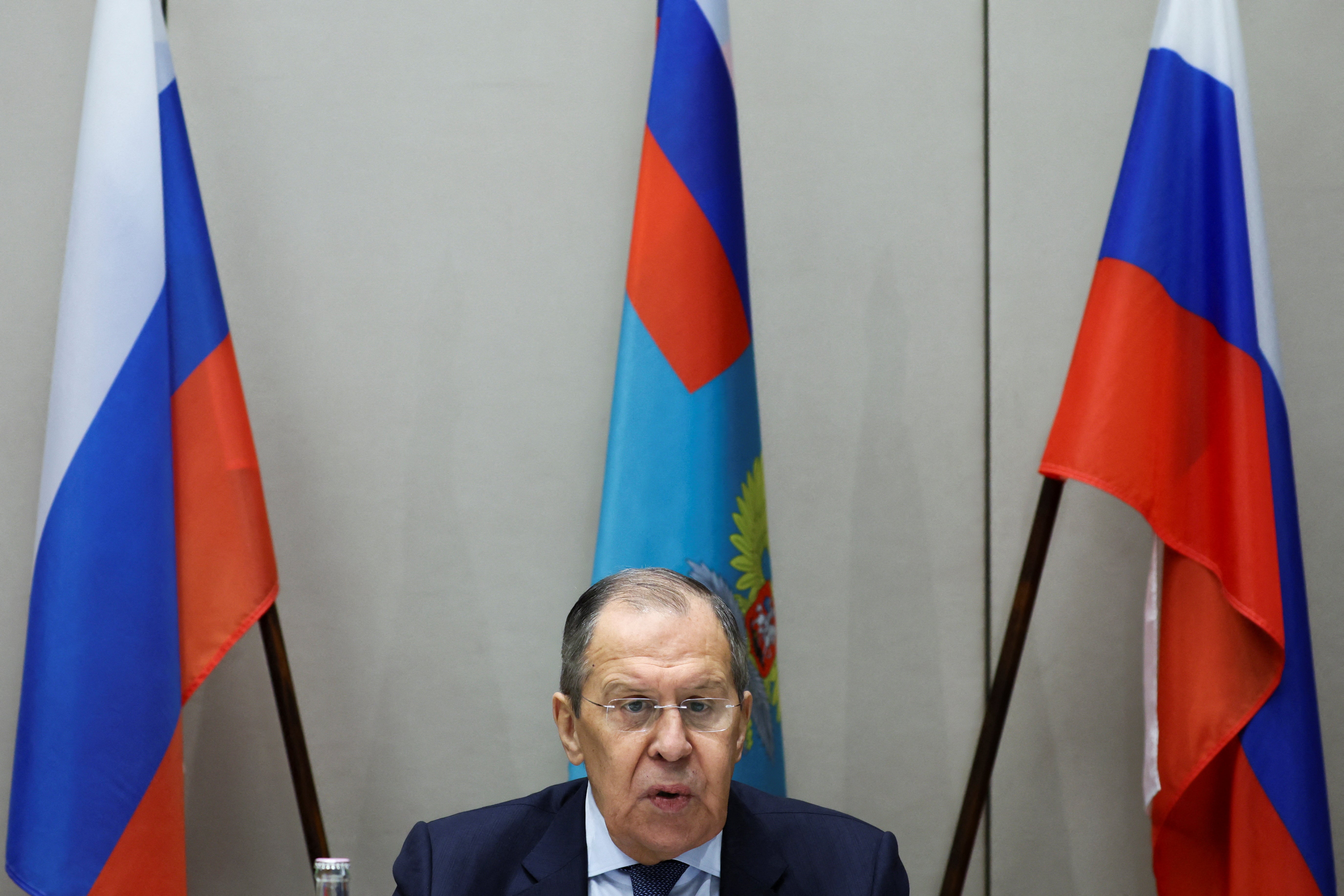 Russian foreign minister Sergei Lavrov speaks during a news conference after his meeting with US secretary of state Antony Blinken about tensions over Ukraine, in Geneva
