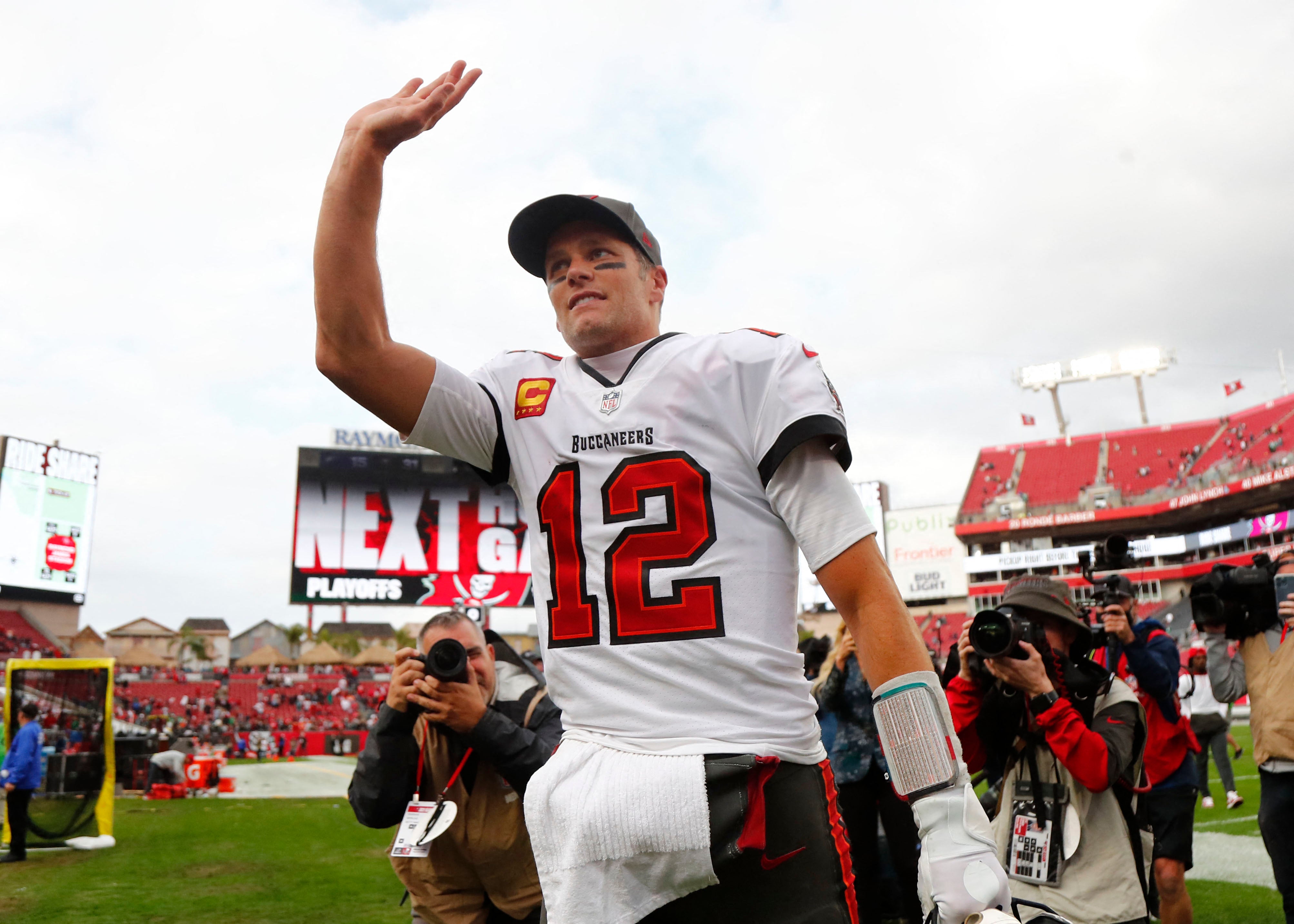 Tom Brady celebrates after the Tampa Bay Buccaneers beat the Philadelphia Eagles in their NFC wildcard playoff on Sunday