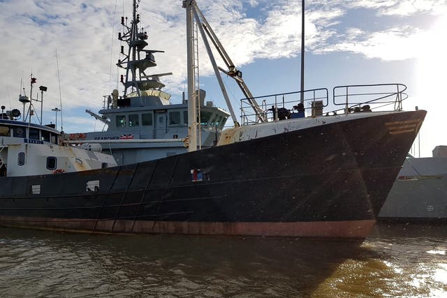 A 30m-long trawler, the Svanic, was used to attempt to smuggle 69 Albanian migrants into the UK (National Crime Agency/PA)