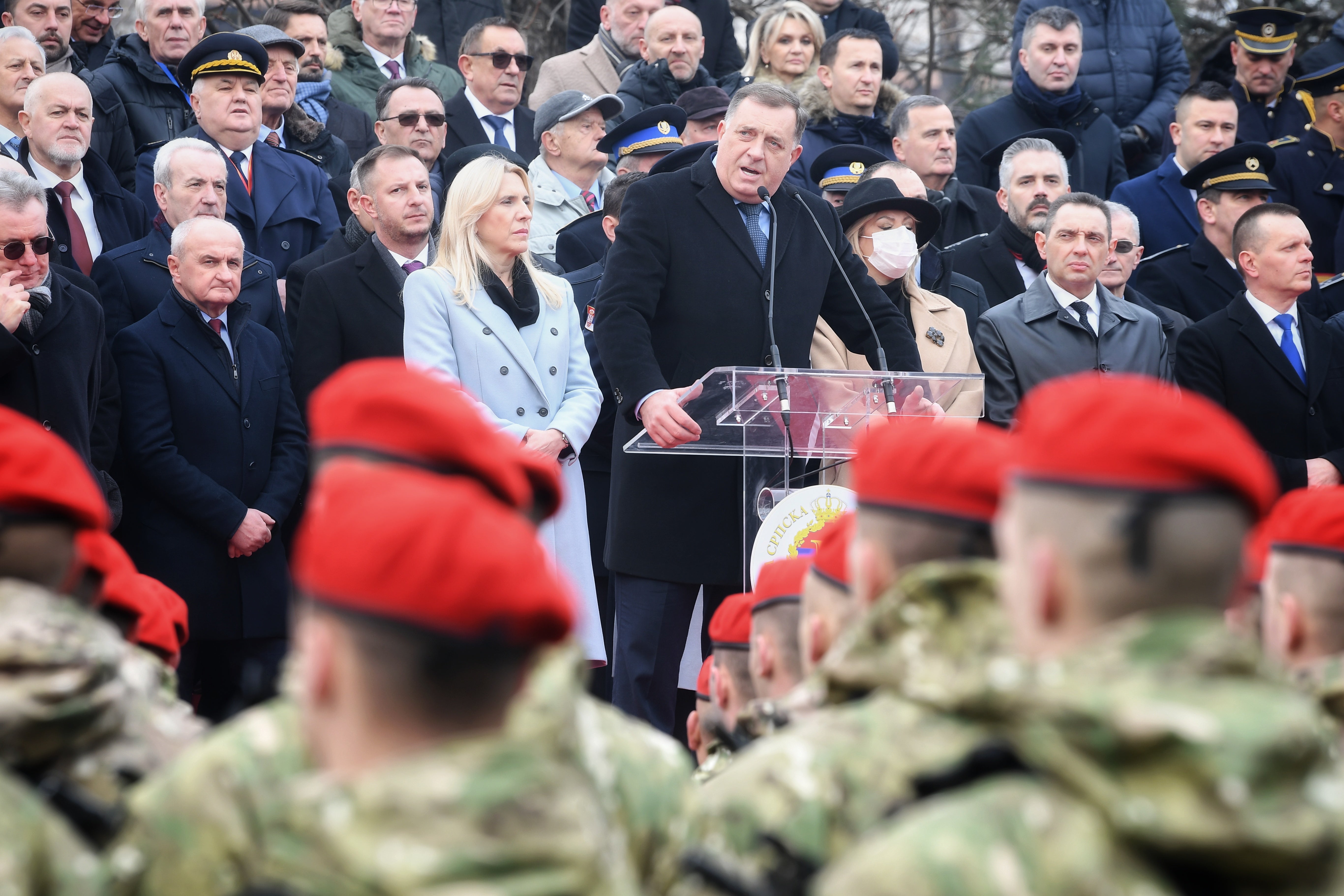 Bosnia’s member of the tripartite presidency, Milorad Dodik, delivers a speech during parade celebrations to mark the autonomous Serb Republic’s national holiday, in Banja Luka, Bosnia-Herzegovina