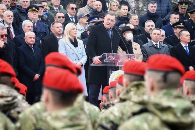 <p>Bosnia’s member of the tripartite presidency, Milorad Dodik, delivers a speech during parade celebrations to mark the autonomous Serb Republic’s national holiday, in Banja Luka, Bosnia-Herzegovina</p>