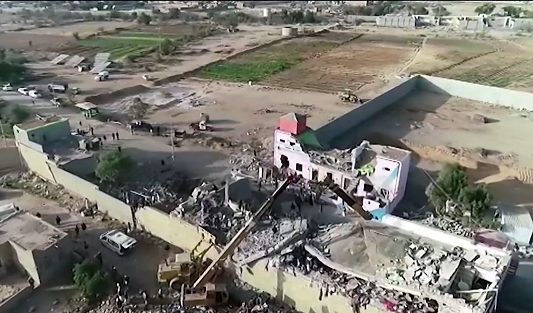 This image grab from a handout video made available by the Ansarullah Media centre shows destruction at a prison in the Huthi rebel stronghold of Saada in northern Yemen after it was hit in an air strike