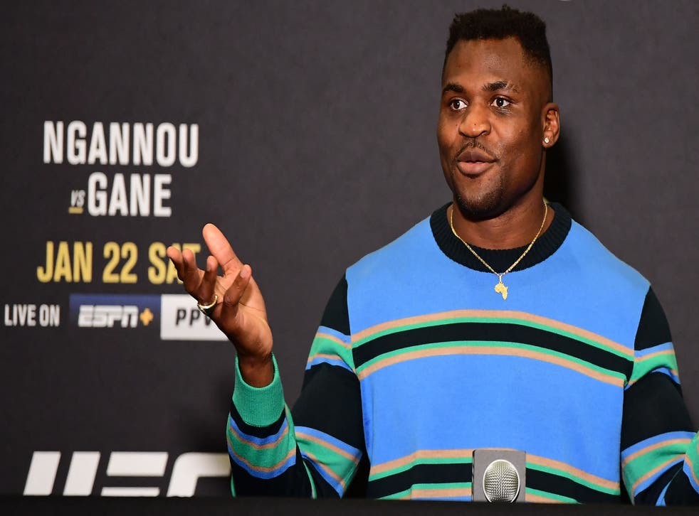 <p>Francis Ngannou speaking in Anaheim ahead of his UFC 270</p>