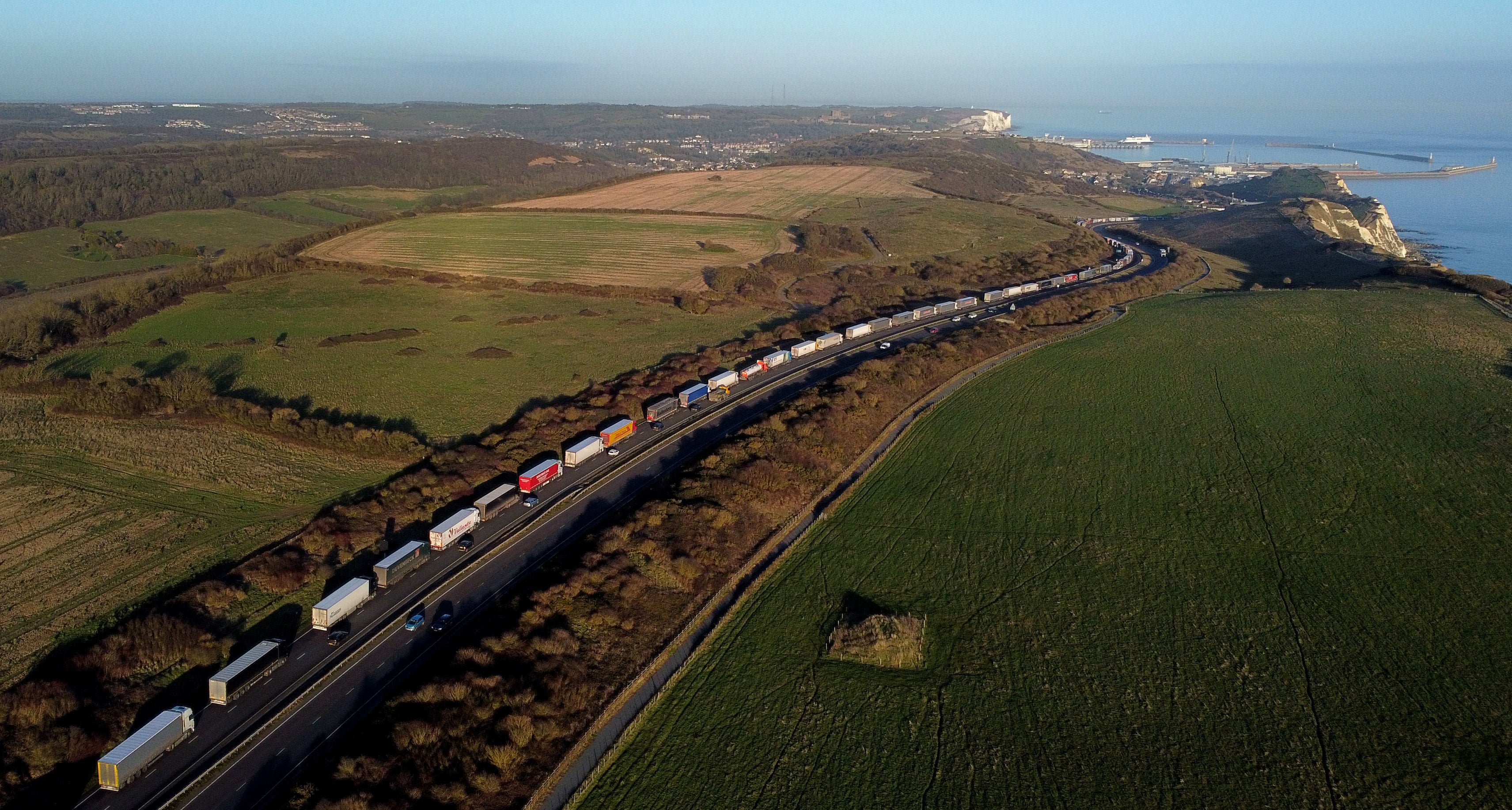 Lorries queue for the Port of Dover in Kent, as the Dover TAP is enforced due to the high volume of lorries waiting to cross the Channel.