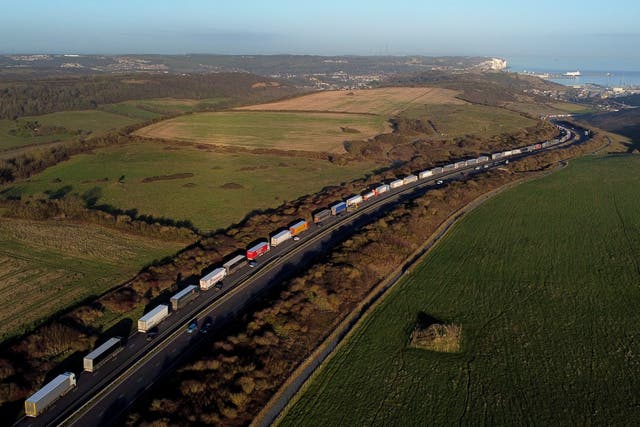 <p>Lorries queue for the Port of Dover in Kent, as the Dover TAP is enforced due to the high volume of lorries waiting to cross the Channel. </p>