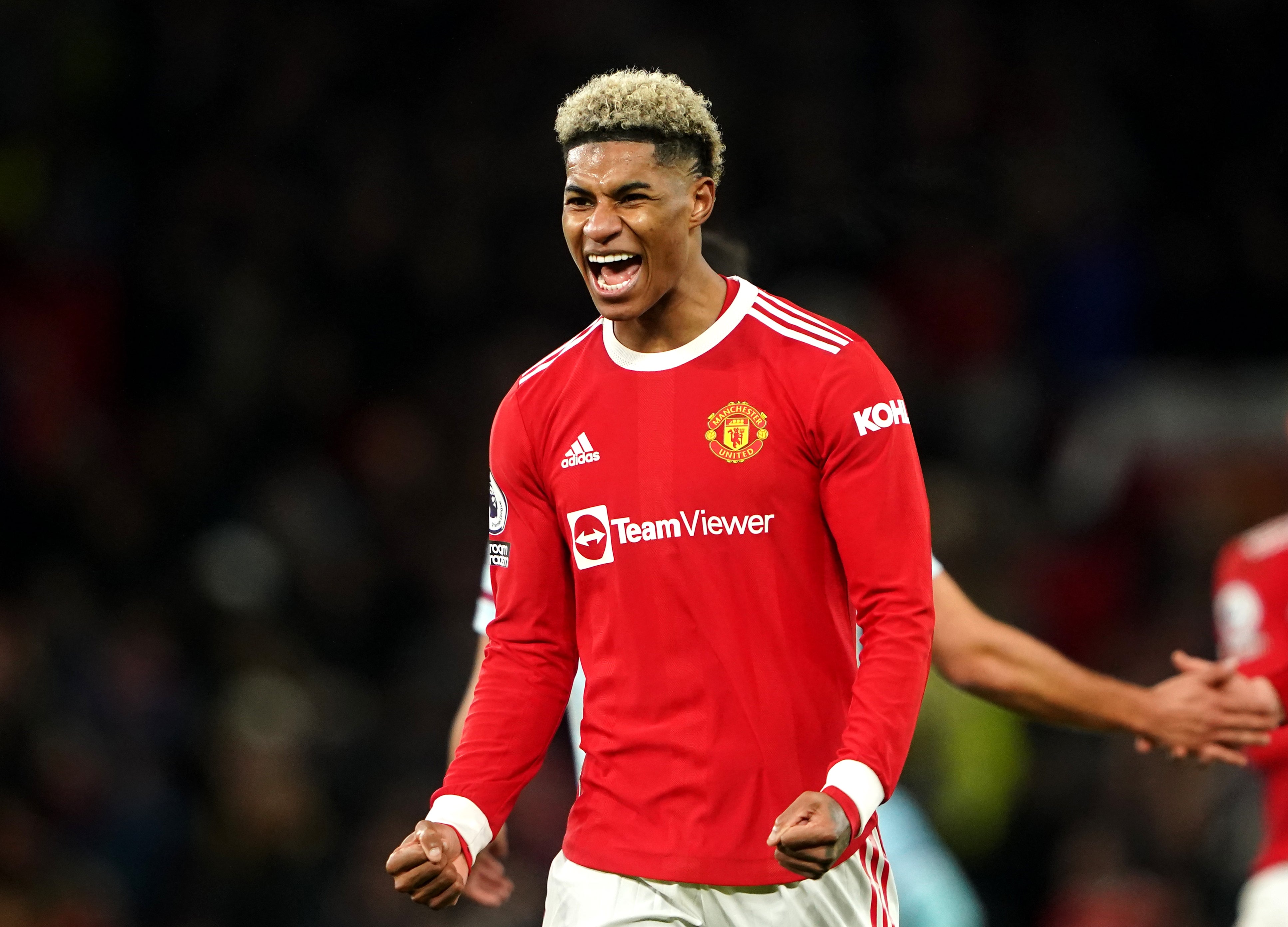 Manchester United’s Marcus Rashford celebrates after the final whistle (Zac Goodwin/PA)