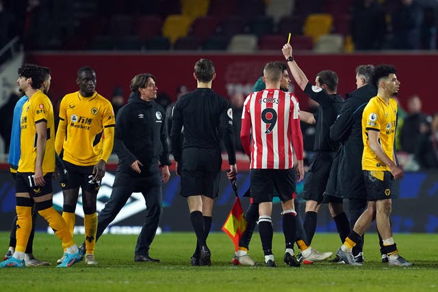 <p>Thomas Frank was sent off after the final whistle  </p>