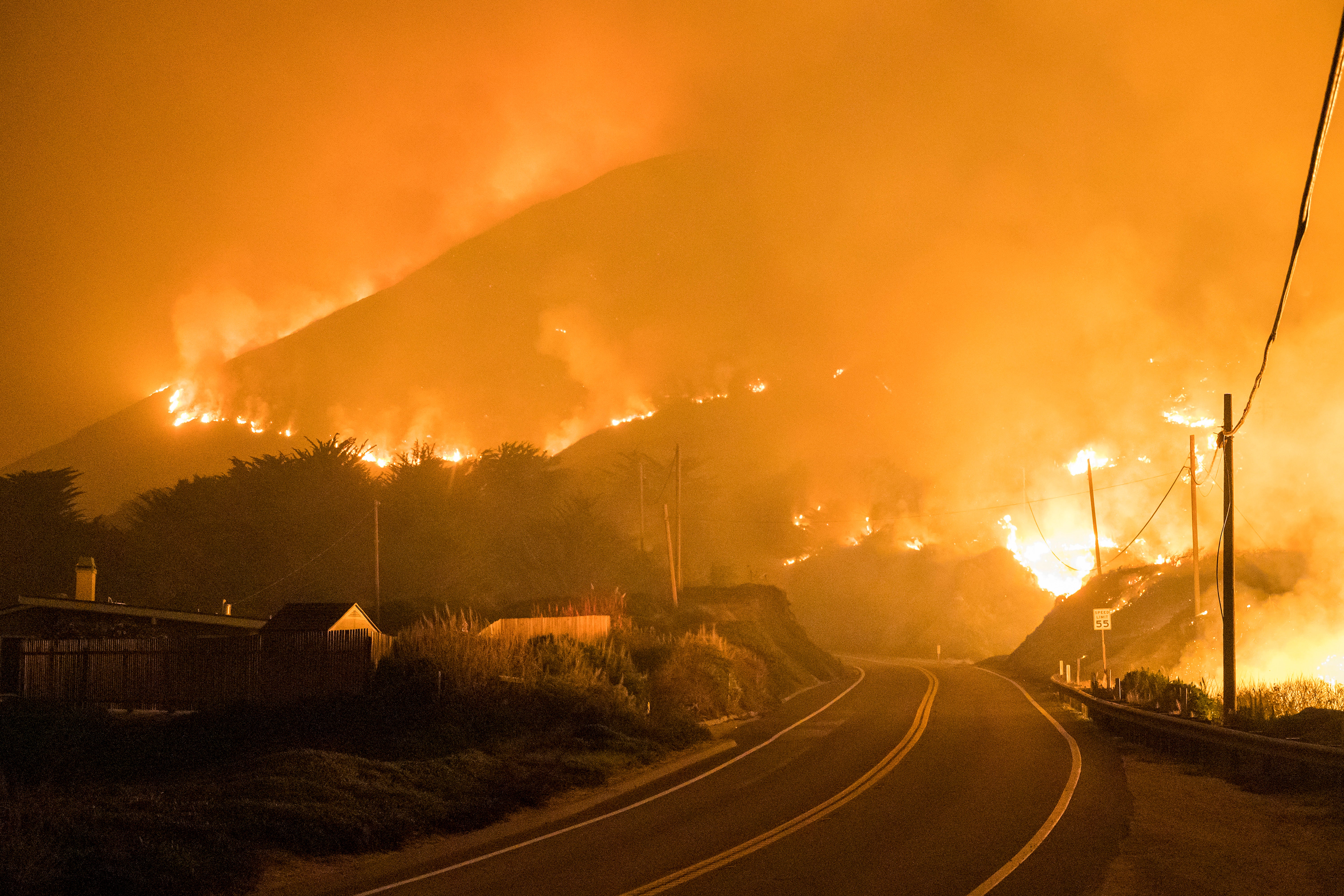 The Colorado Fire burns along Highway 1 near Big Sur, California on 22 January 2022