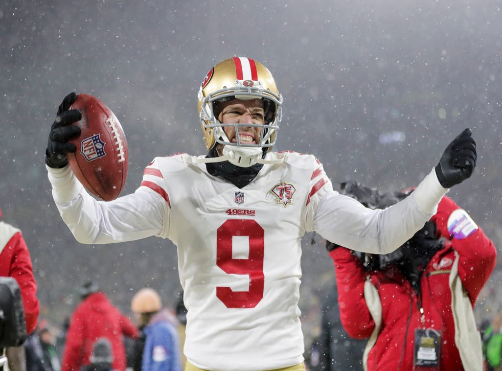 The San Francisco 49ers, whose kicker Robbie Goul is shown, are one game away from their second Super Bowl appearance in three seasons following a last-play win over the Green Bay Packers in Wisconsin (Aaron Gash/AP)