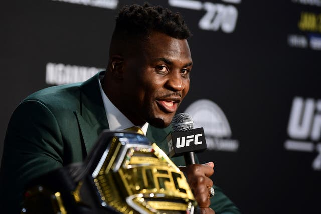 <p>Francis Ngannou takes questions after beating Cyril Gane at UFC 270</p>