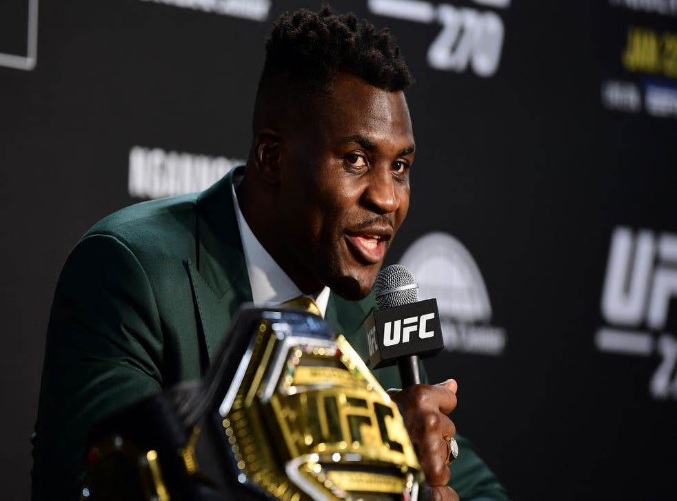 <p>Francis Ngannou takes questions after beating Cyril Gane at UFC 270</p>
