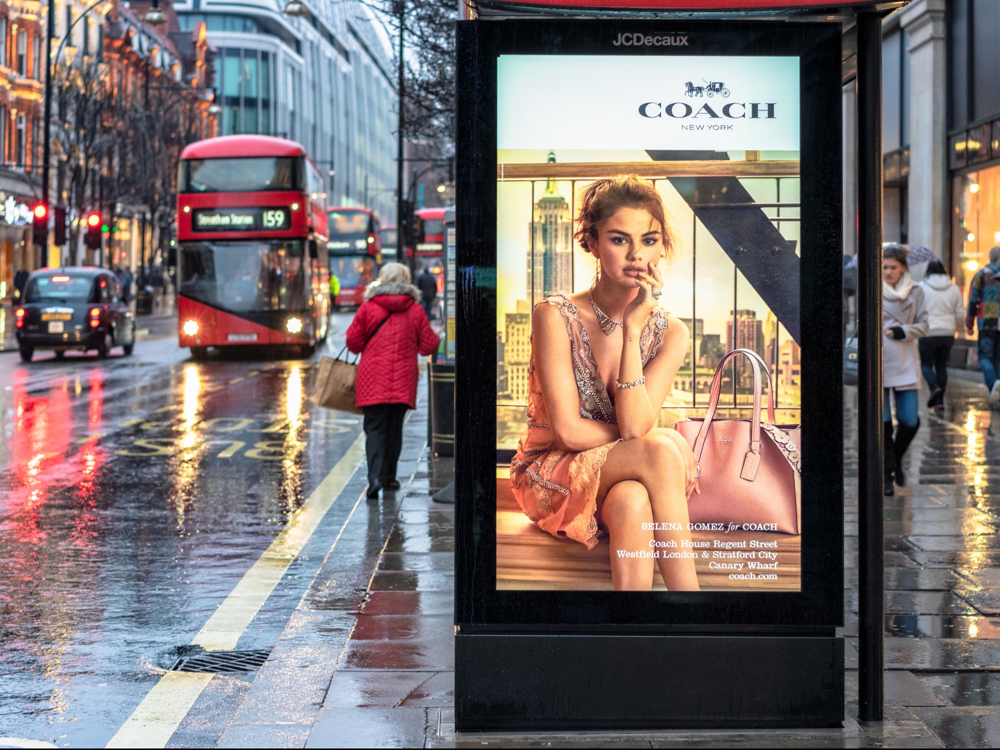 Selena Gomez features in an advertisement for Coach on an Oxford Street bus stop