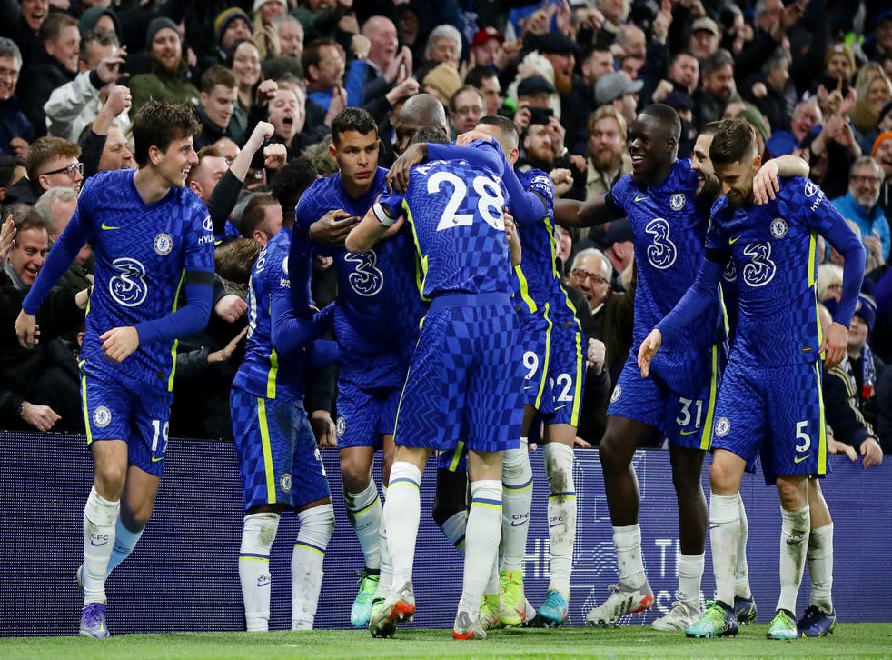 <p>Chelsea's Thiago Silva celebrates scoring their second goal with teammates </p>
