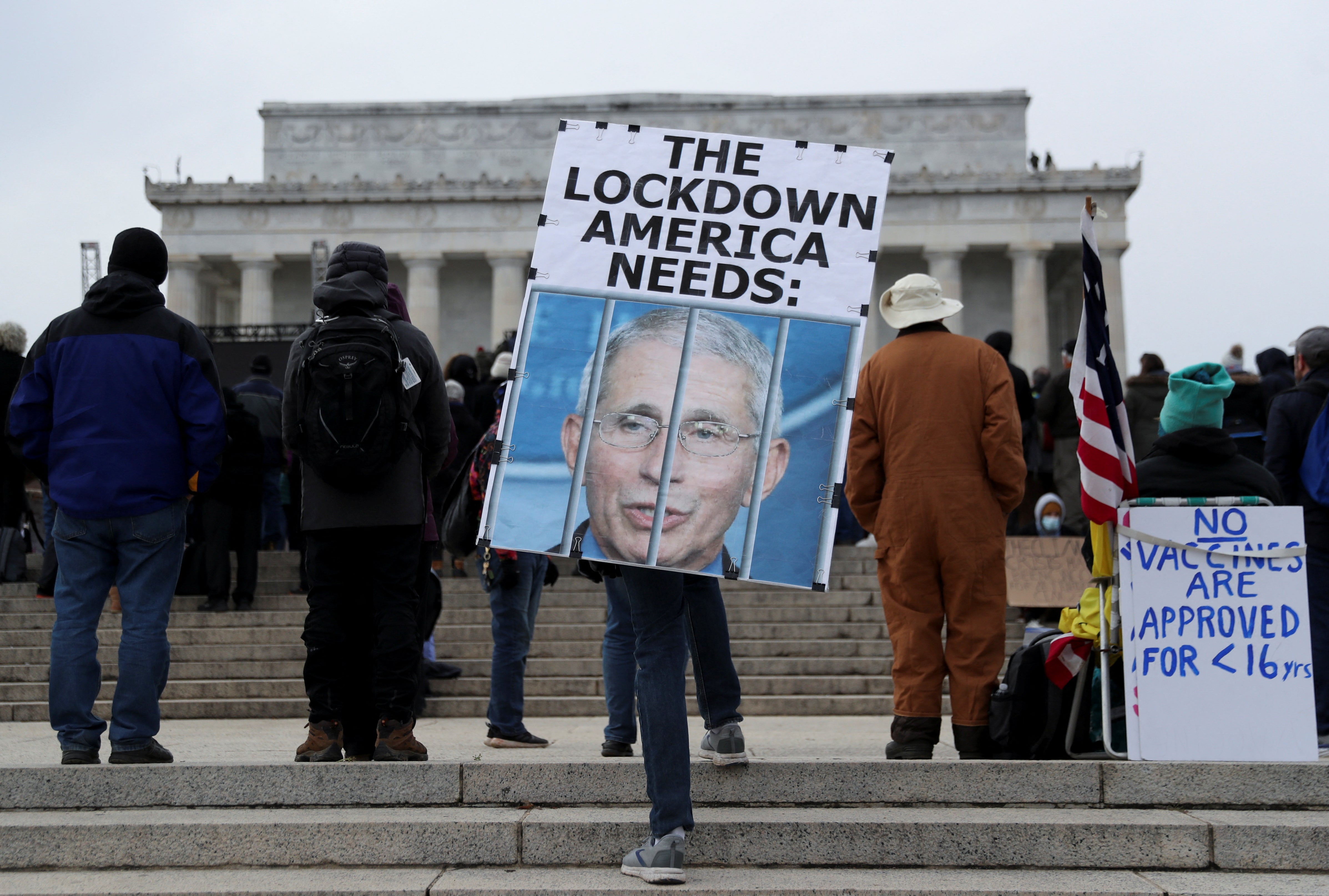 A person holds a placard outside the Lincoln Memorial during a march in opposition to Covid-19 vaccine mandates