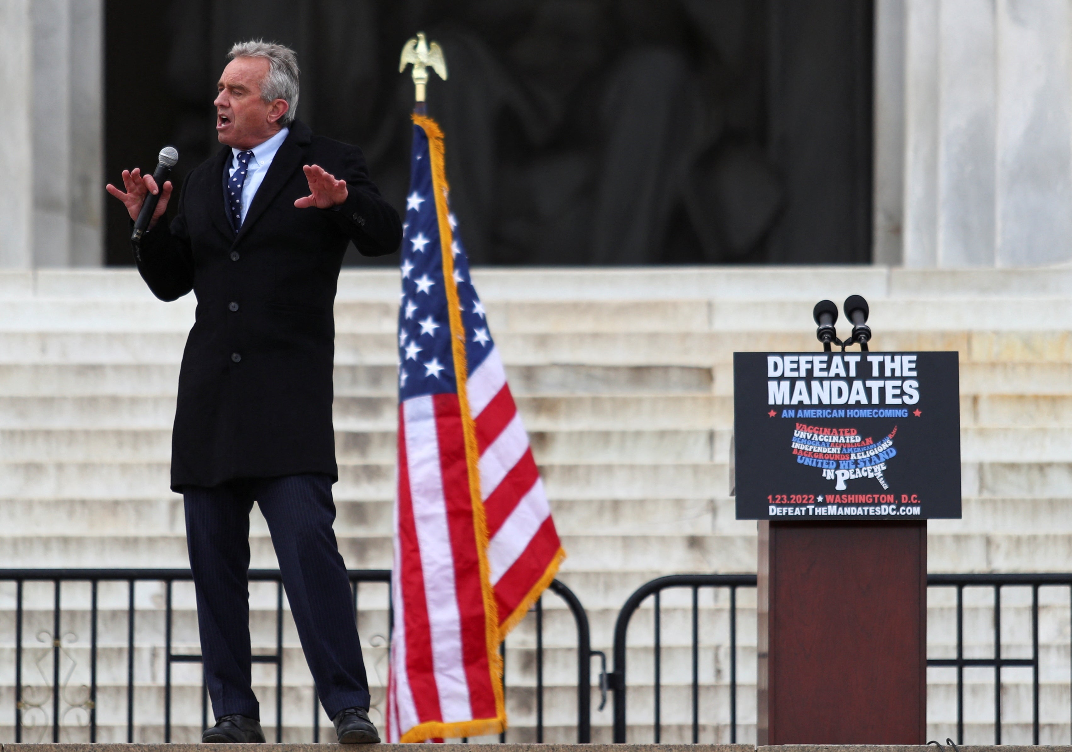 Robert F Kennedy Jr speaks during the rally railing against pharmaceutical companies