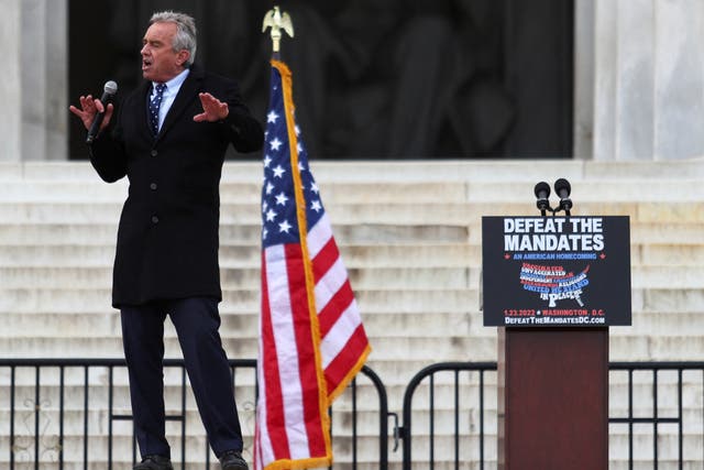 <p>Robert F Kennedy Jr speaks during the rally railing against pharmaceutical companies</p>