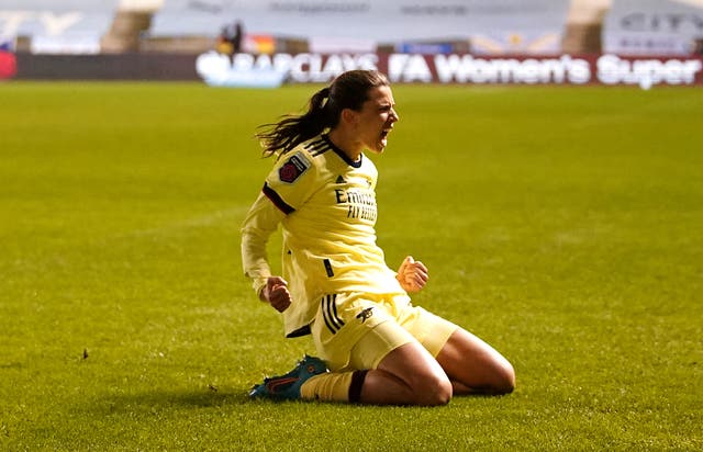 Arsenal’s Tobin Heath celebrates her stoppage-time equaliser against Manchester City (Zac Goodwin/PA)