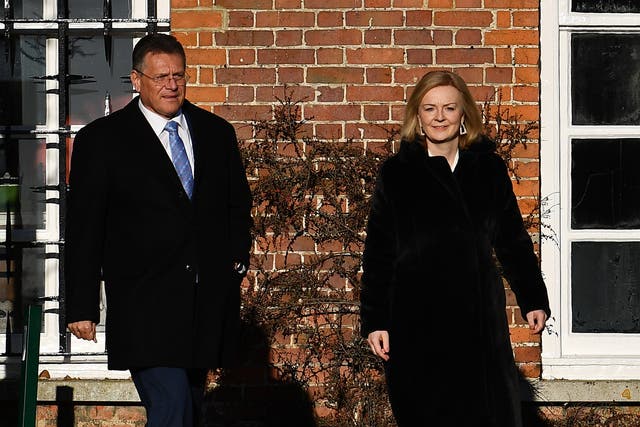 Foreign Secretary Liz Truss and European Commission vice president Maros Sefcovic at Chevening earlier this month (Ben Stansall/PA)