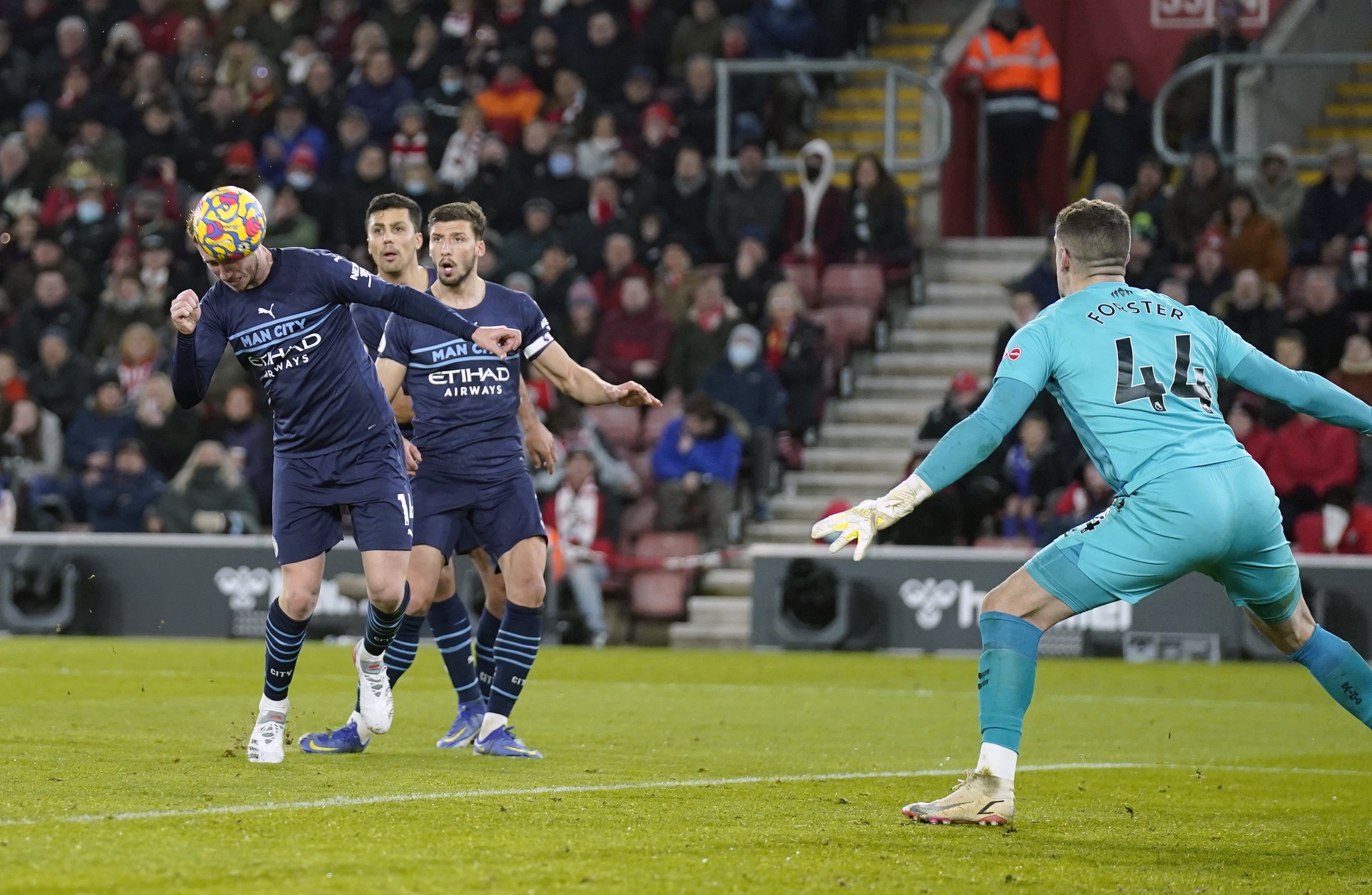 Manchester City’s Aymeric Laporte scores his side’s first goal to level at 1-1 against Southampton (Andrew Matthews/PA)