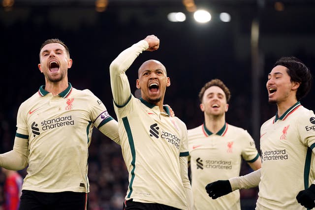 <p>Liverpool’s Fabinho celebrates scoring his side’s third goal against Crystal Palace</p>