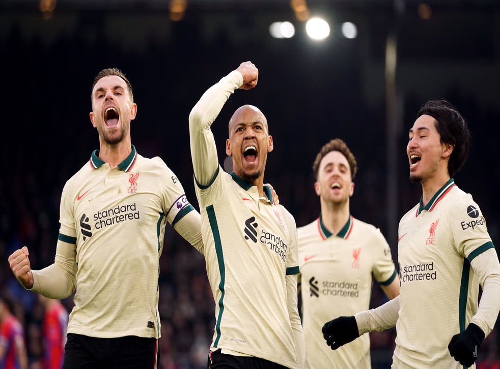 <p>Liverpool’s Fabinho celebrates scoring his side’s third goal against Crystal Palace</p>