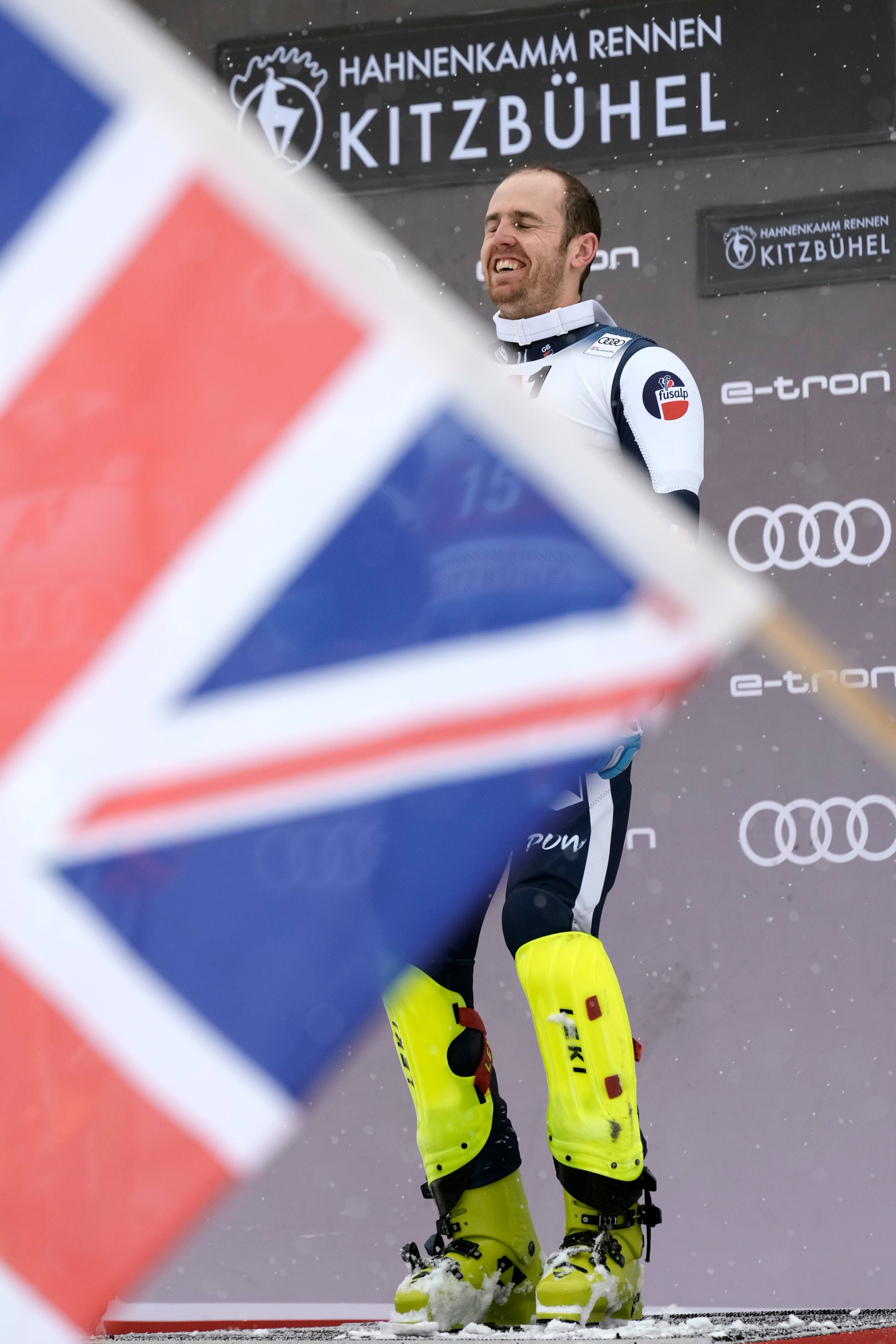 Britain’s Dave Ryding celebrates winning an alpine ski, men’s World Cup slalom, in Kitzbuehel, Austria (Giovanni Auletta/AP)