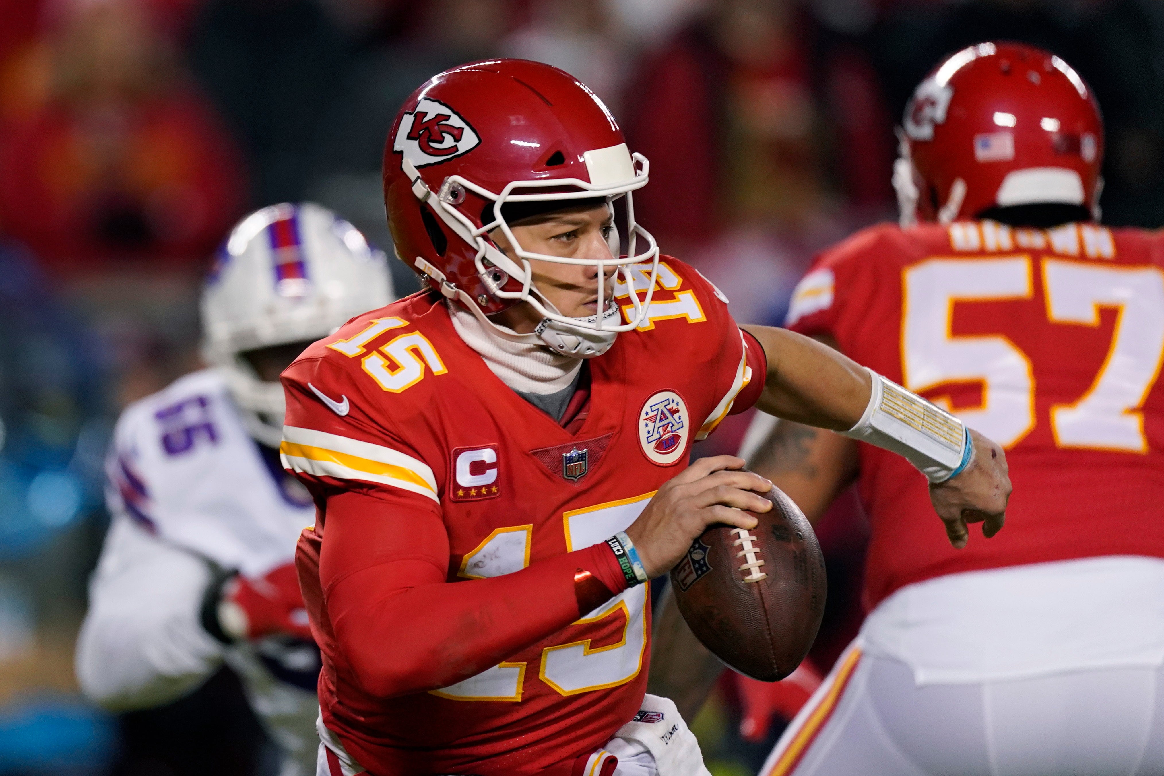 Patrick Mahomes led the Kansas City Chiefs to a fourth straight AFC Championship game with a 42-36 overtime win against the Buffalo Bills (AP Photo/Charlie Riedel)