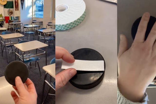 <p>A teacher displayed in a TikTok video how she uses hockey pucks   as active shooter deterrent</p>