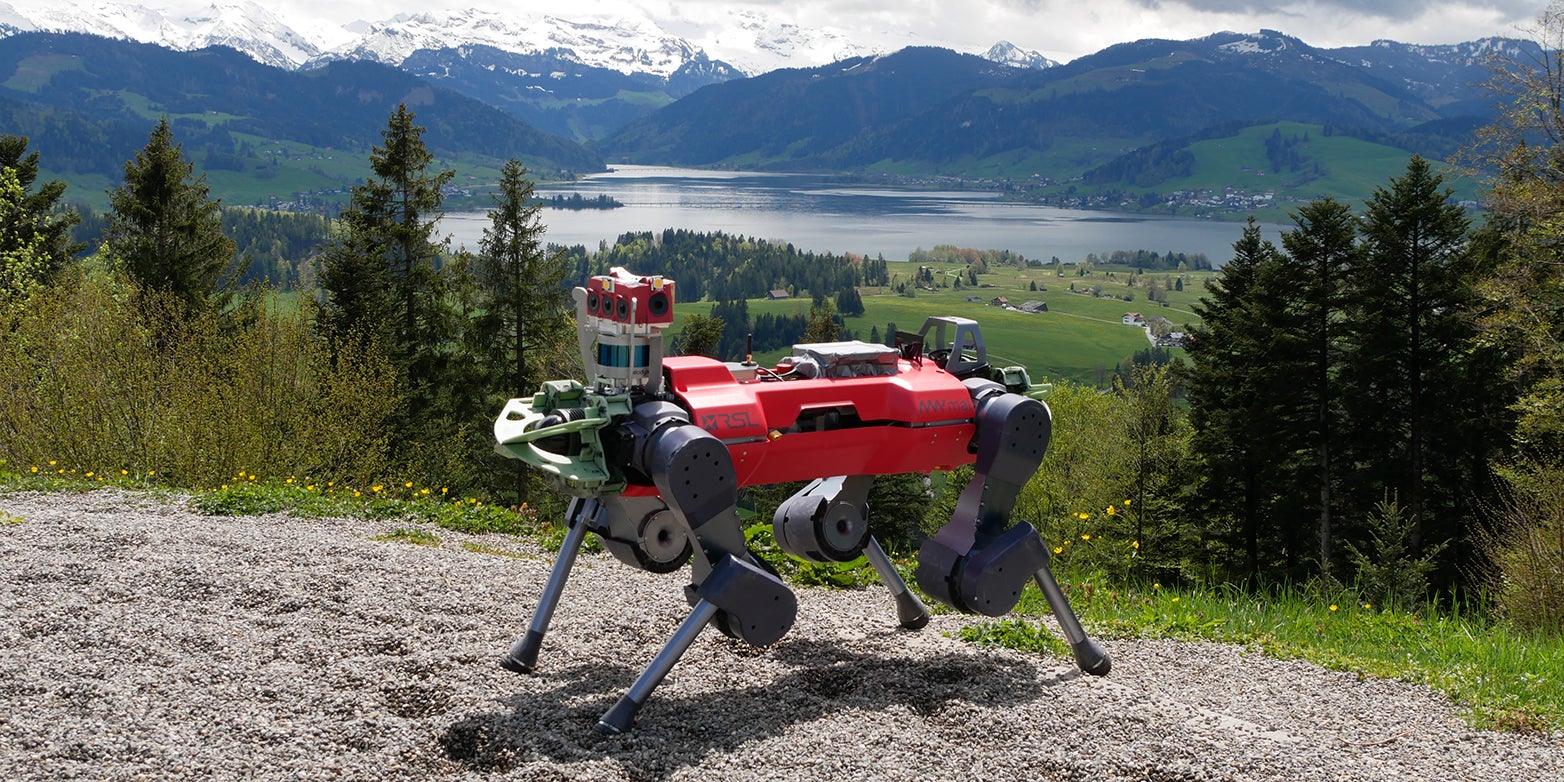 The ANYmal robot on the rocky path to the summit of Mount Etzel, which stands 1,098 metres above sea level