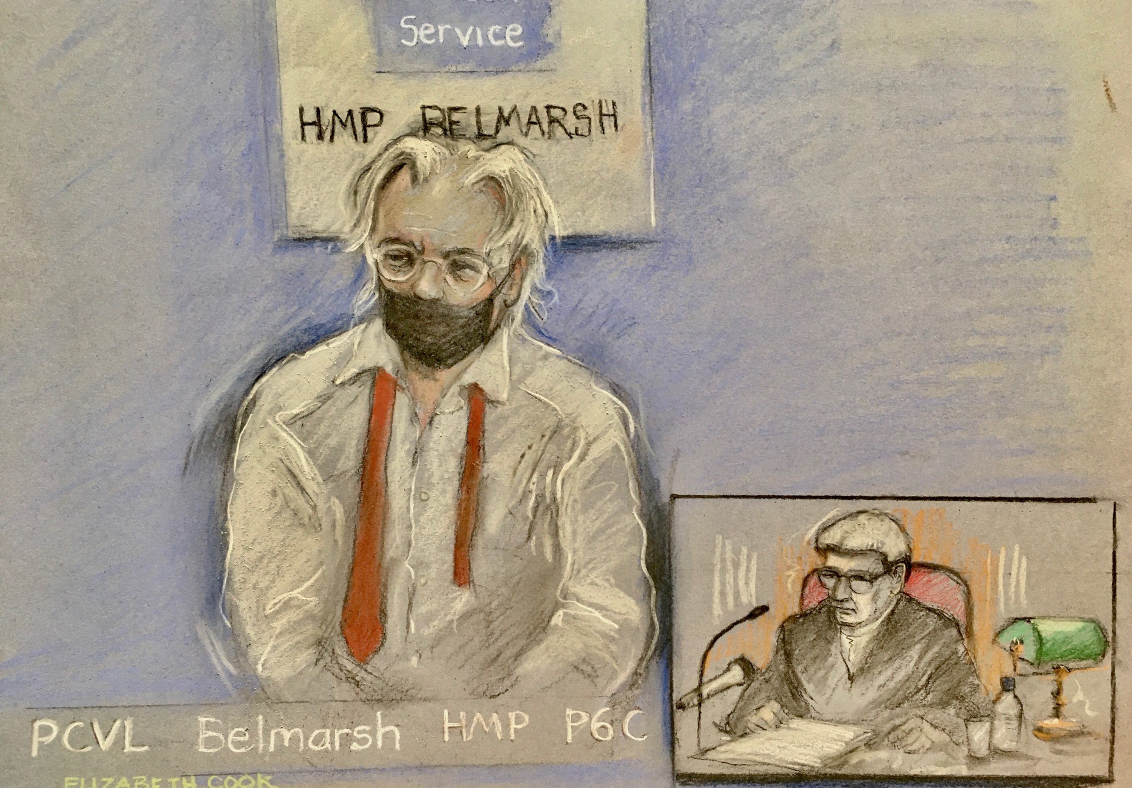 Court artist sketch by Elizabeth Cook of Julian Assange (left) (Elizabeth Cook/PA)