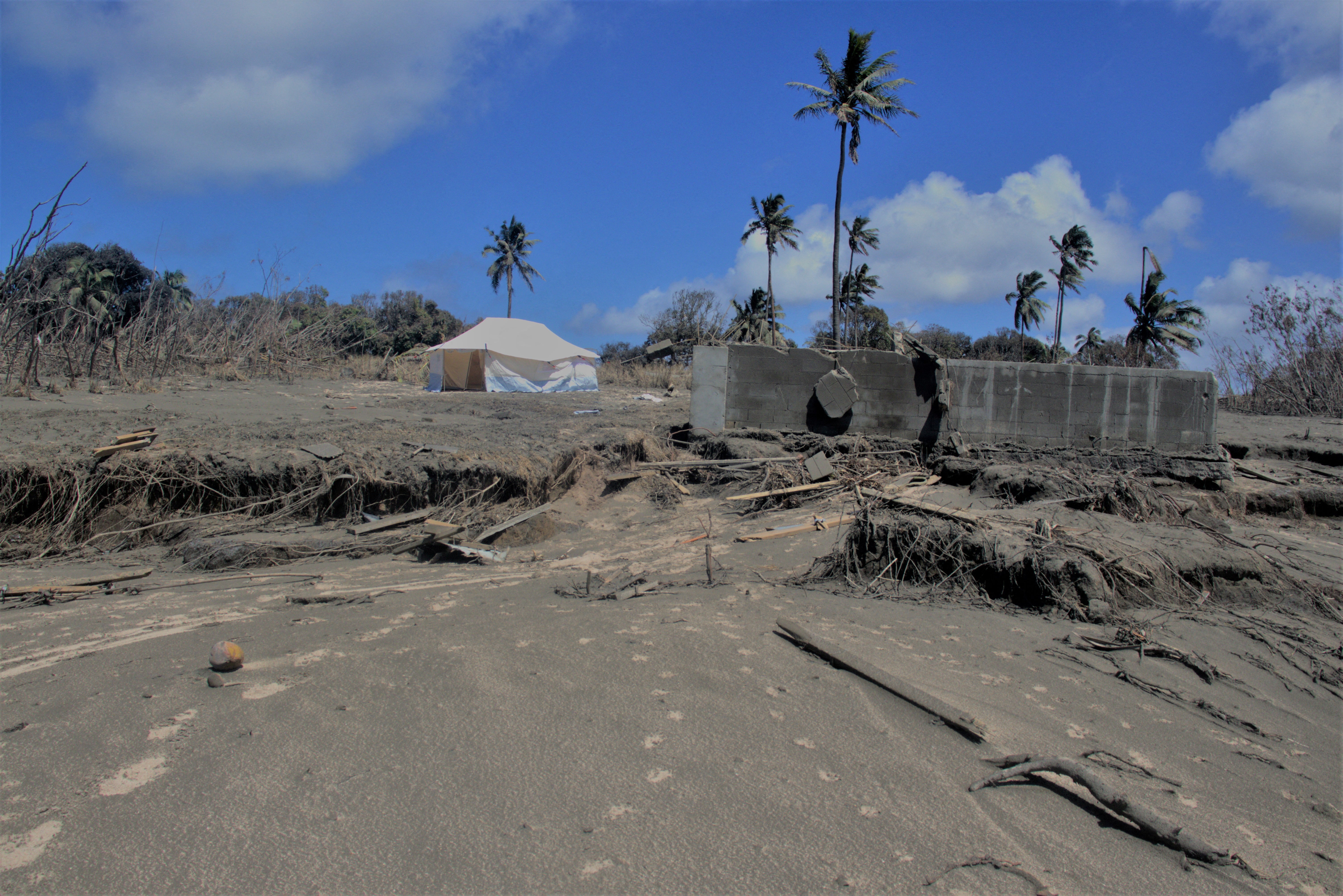 A general view shows damaged buildings and landscape covered with ash following volcanic eruption and tsunami in Kanokupolu, Tonga