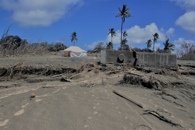 <p>A general view shows damaged buildings and landscape covered with ash following volcanic eruption and tsunami in Kanokupolu, Tonga  </p>
