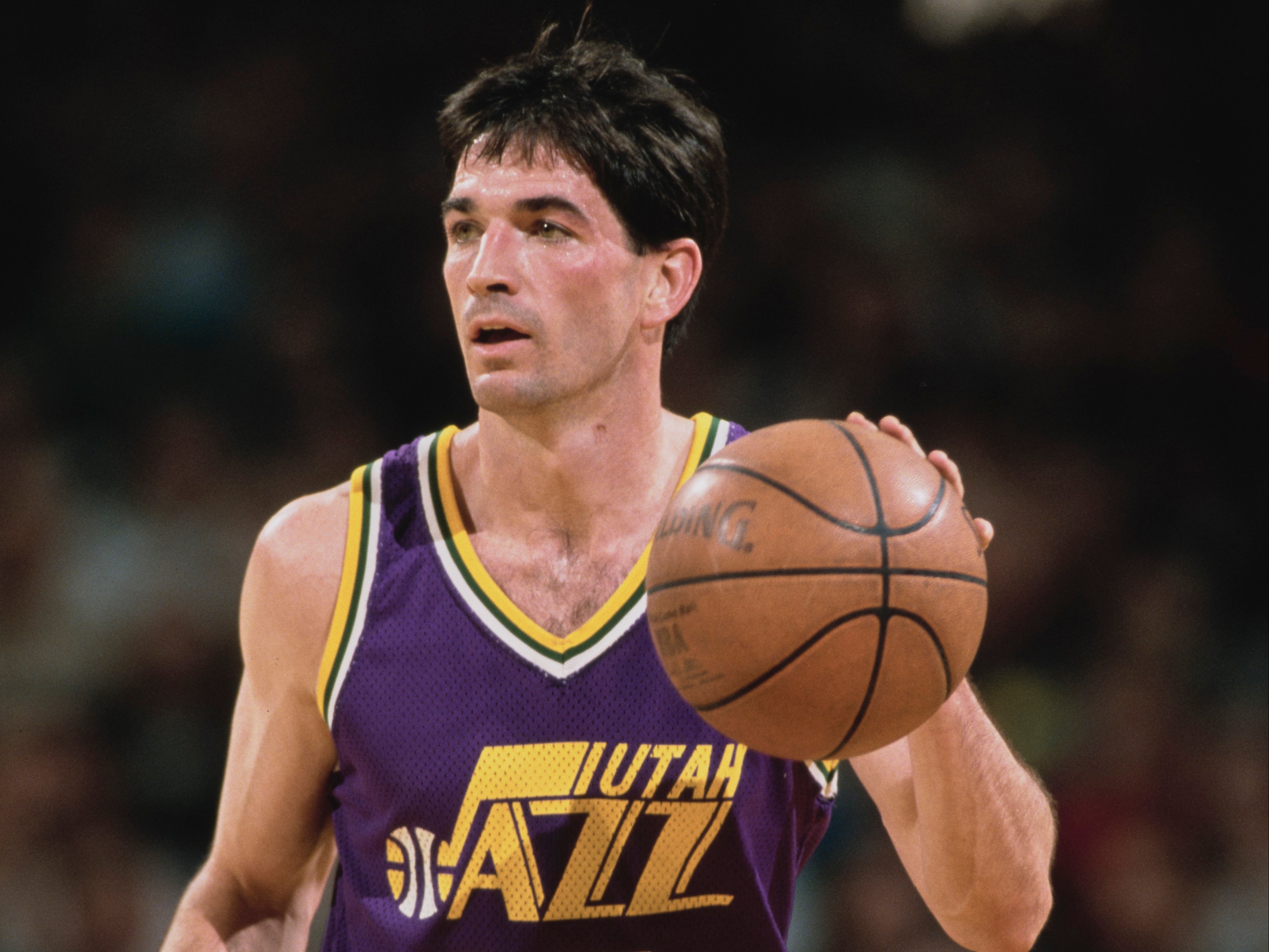 John Stockton in action for Utah Jazz against the Portland Trail Blazers on 24 February 1995