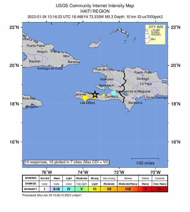 The location of a 5.3-magnitude earthquake hitting Haiti, 24 January 2022. Two earthquakes of 5.1 and 5.3 magnitude were recorded by the USGS within less than an hour with both epicenters few kilometers apart at about ten kilometres depth