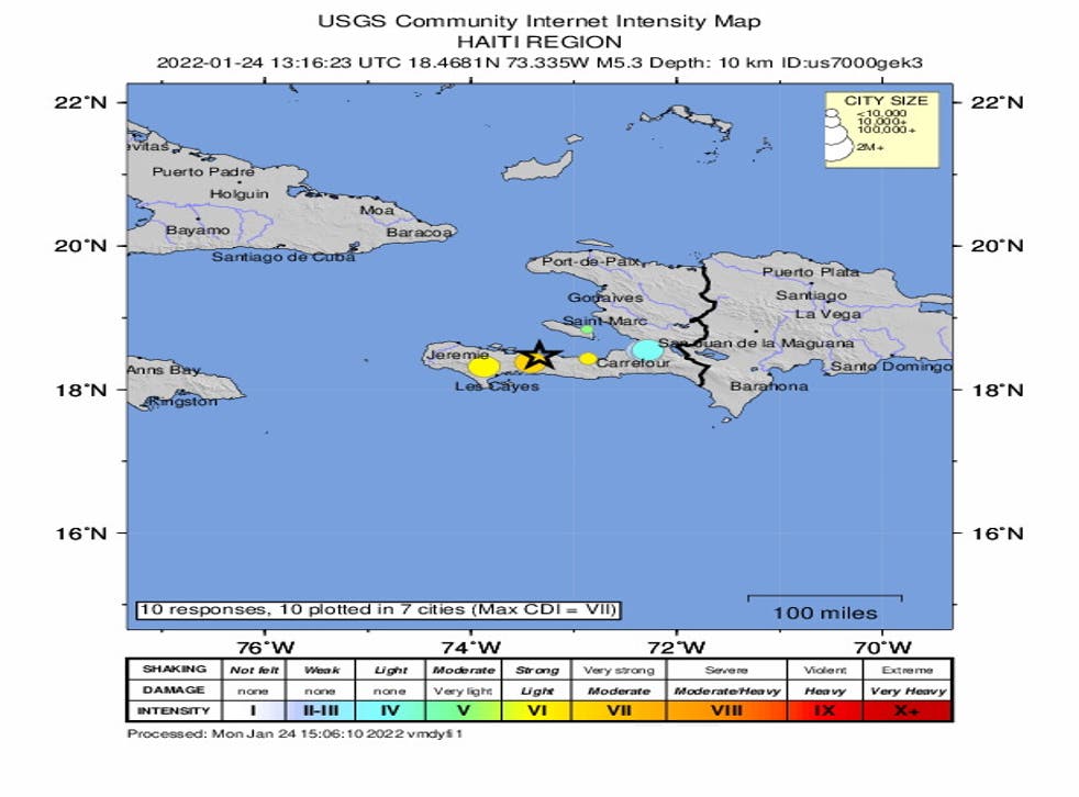 <p>The location of a 5.3-magnitude earthquake hitting Haiti, 24 January 2022.  Two earthquakes of 5.1 and 5.3 magnitude were recorded by the USGS within less than an hour with both epicenters few kilometers apart at about ten kilometres depth</p>