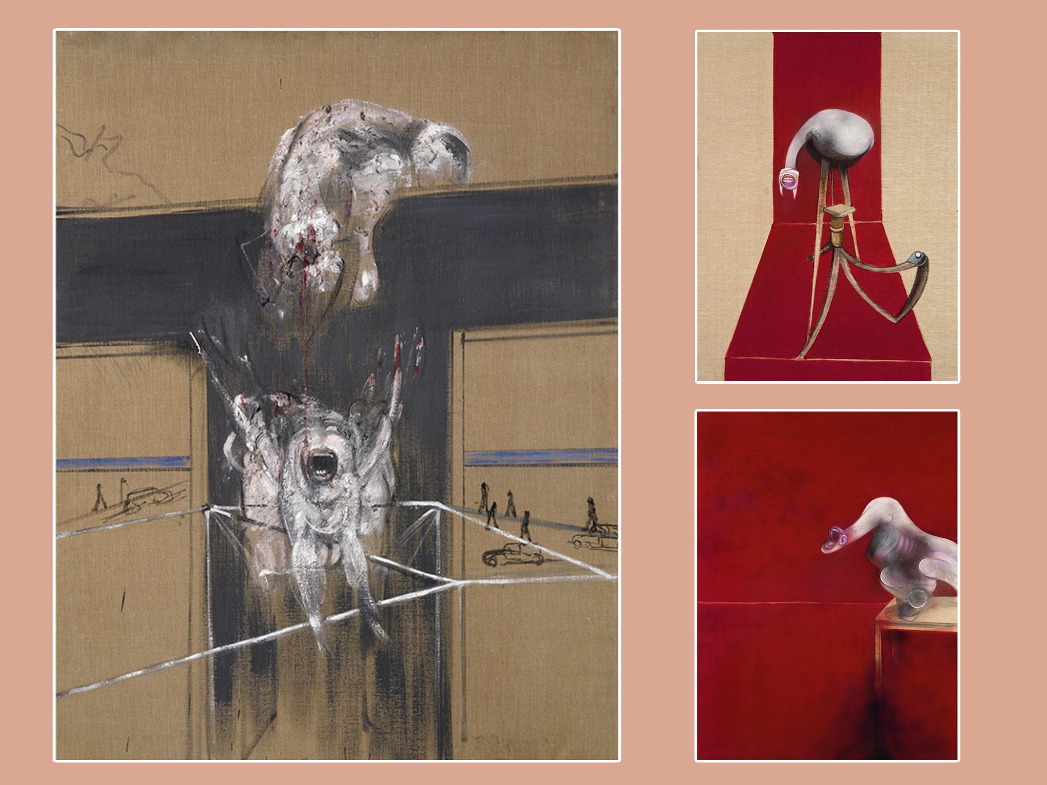 Francis Bacon’s ‘Fragment of a Crucifixion’, 1950, photo by Hugo Maertens, and ‘Second Version of Triptych 1944’, 1988, photo by Prudence Cuming Associates Ltd