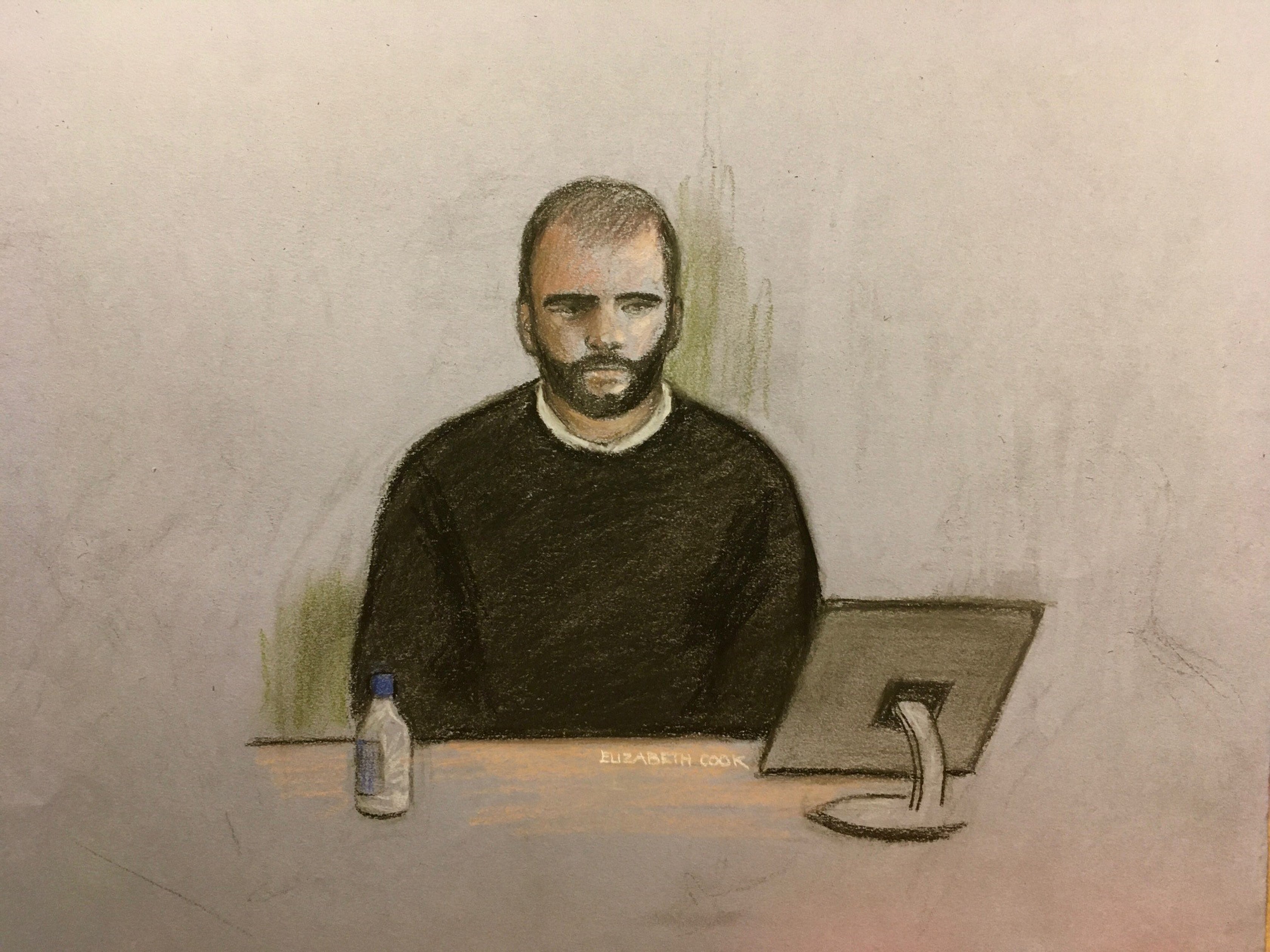 Court artist sketch by Elizabeth Cook of Nathan Smith, 38, watching video footage in the dock at Bristol Crown Court, where he is accused of the manslaughter of suspected burglar Craig Wiltshire (PA)