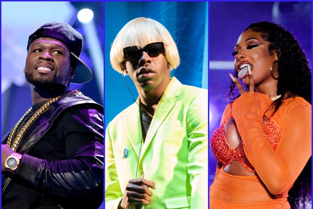 <p>L-R: 50 Cent, Tyler, the Creator and Megan Thee Stallion</p>