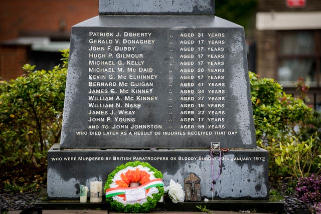 The Bloody Sunday Memorial in Derry’s Bogside with the names of those killed (Liam McBurney/PA)