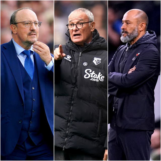 Claudio Ranieri, centre, joins Rafael Benitez, left, and Nuno Espirito Santo among this season’s sackings (Peter Byrne/Tess Derry/ John Walton/PA)