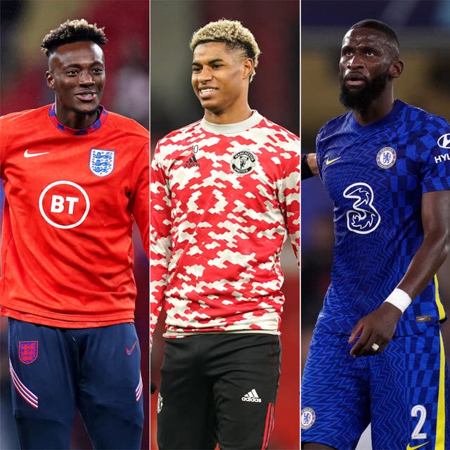 Tammy Abraham (left), Marcus Rashford (centre) and Antonio Rudiger (John Walton/Martin Rickett/John Walton/PA)